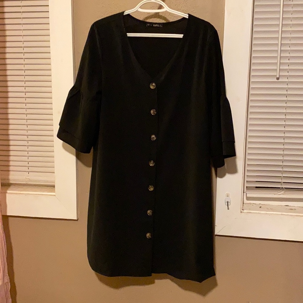 Black button down bell sleeve mini dress